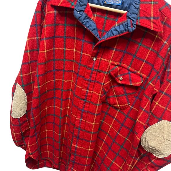 Pendleton Vintage 70's Lobo Red Wool Plaid Board Shirt with Elbow Patches - Picture 1 of 10